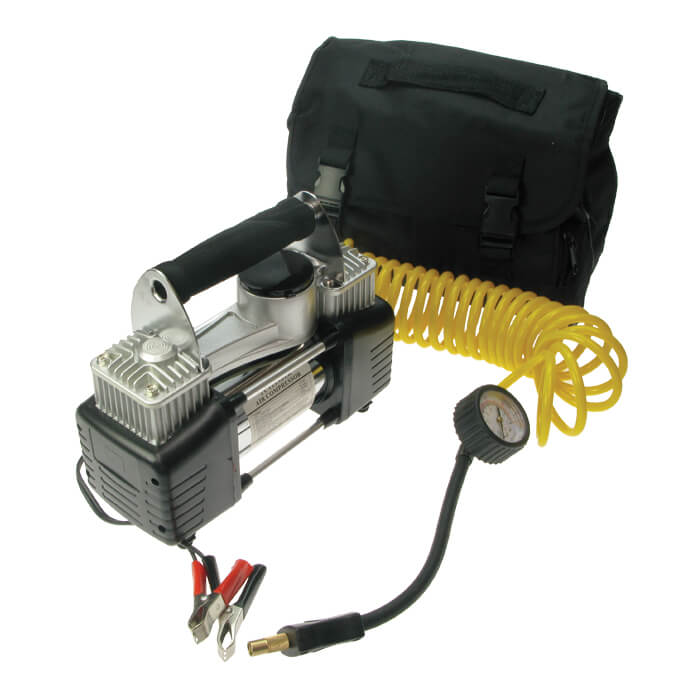 Twin piston compressor kit 12V, 150 psi c/w 3m cable & croc clips